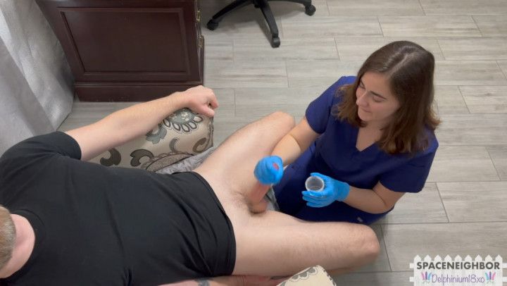 Eager Nurse Helps Hot Clinic Visitor Give a Sample