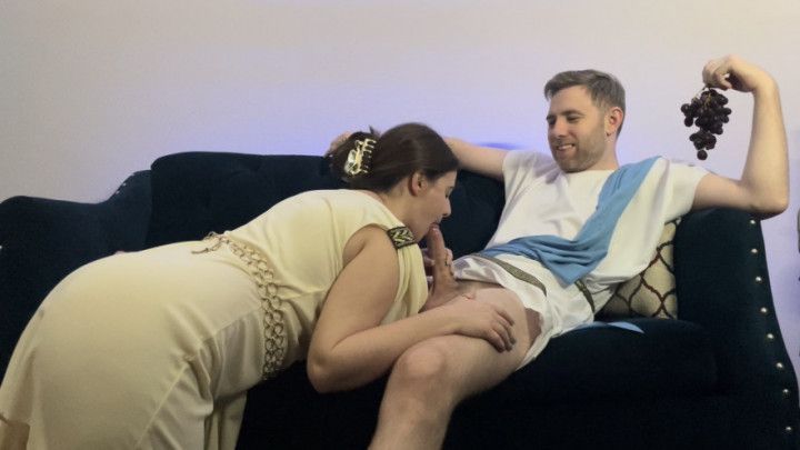 BJ of the Gods- Toga wearing brunette blows her man for bday