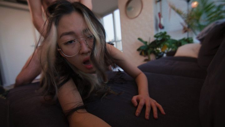 Petite Asian Girl comes over to suck cock and get railed