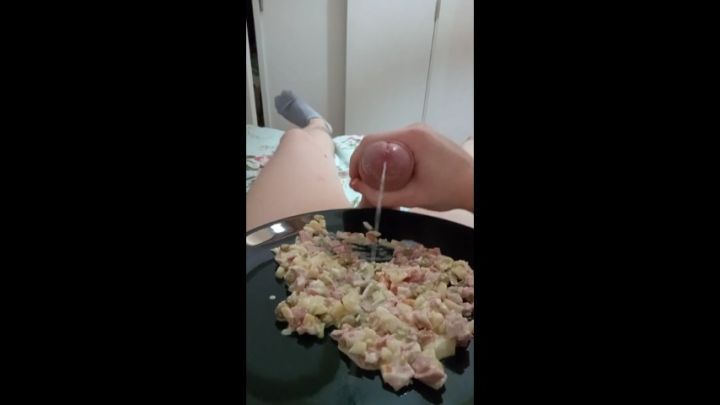 Big cock cums on salad! Very big cumshot