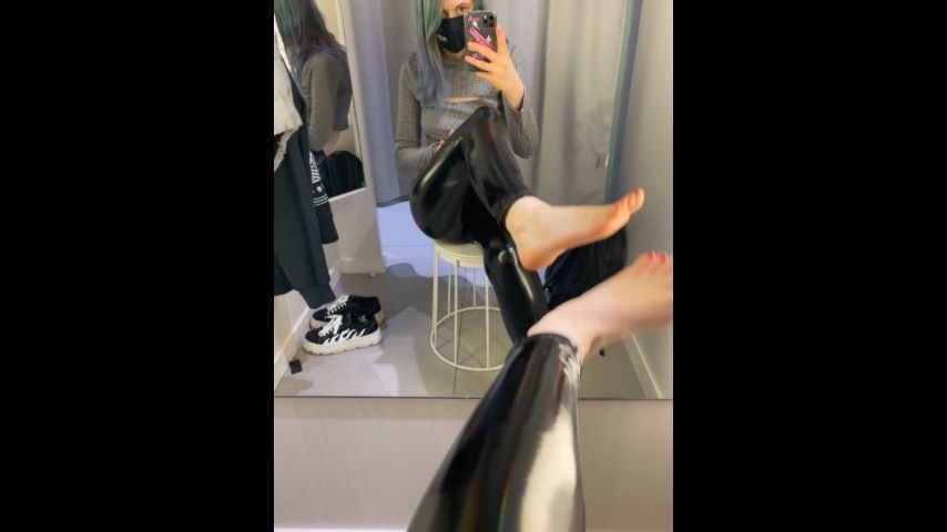 Showing my feet in latex outfit in public dressing room