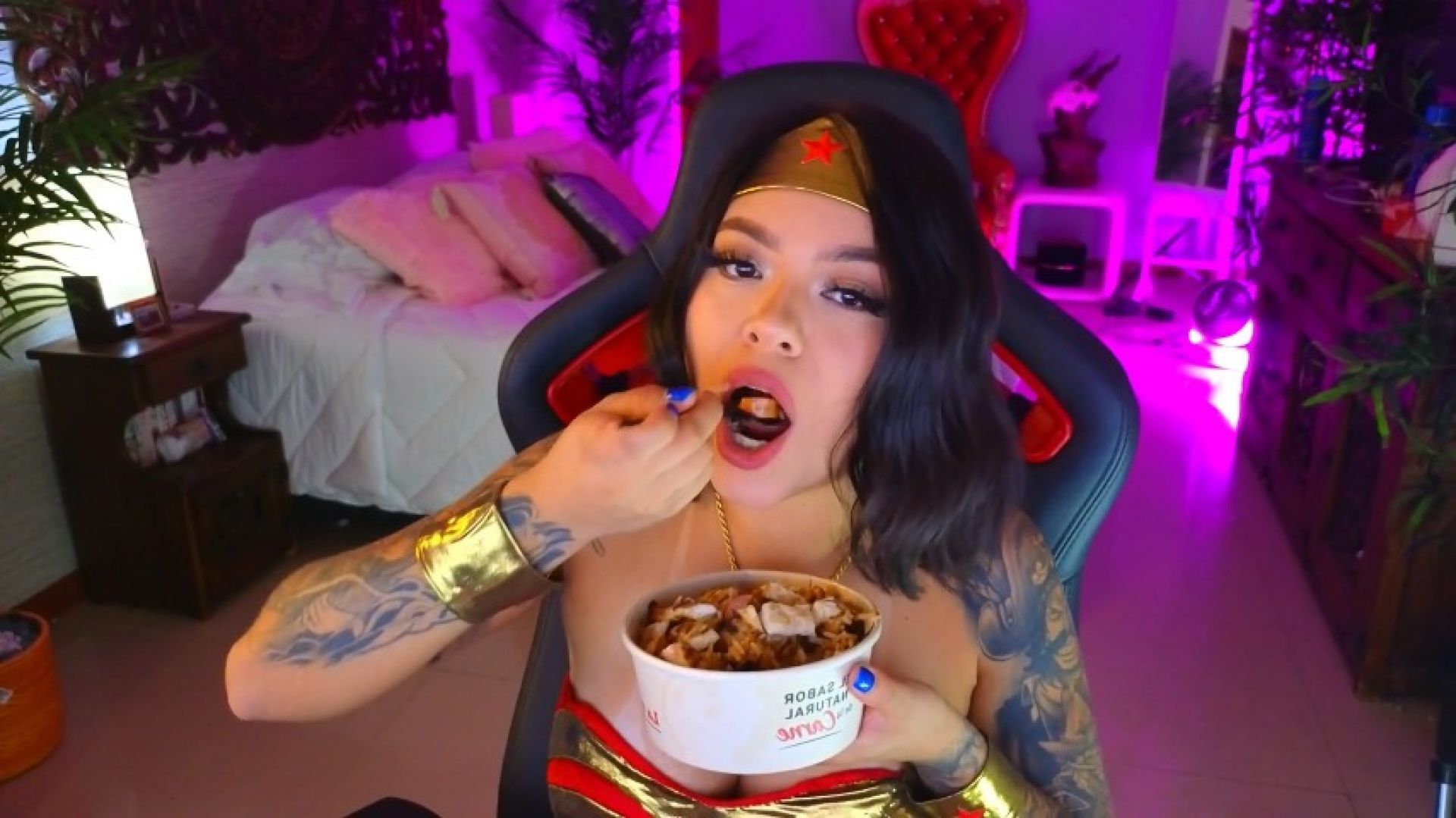 Wonder Woman refills her energy eating Sevillano`s Rice