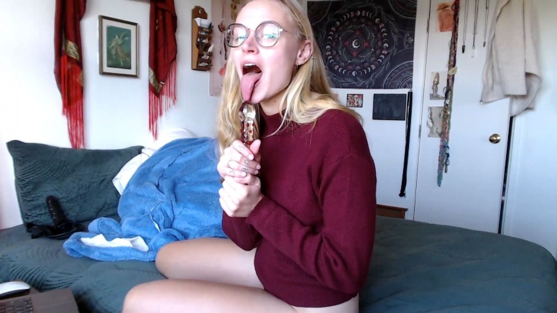 Glass dildo BJ, precum licking fantasy