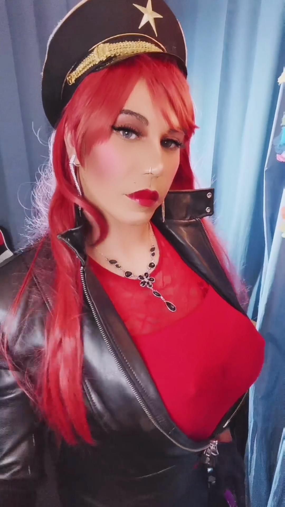 Redhead Leather domme smokes, strokes and cums for you