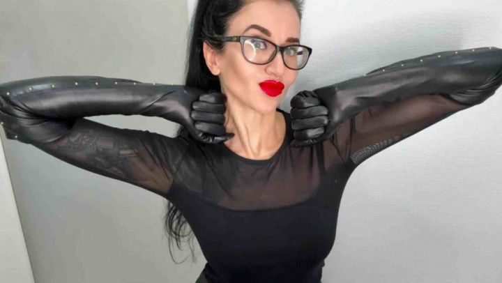 Leather long black gloves and handjobs with spit