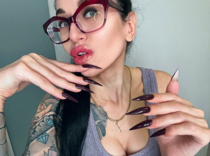 Dark purple long nails, claws, finger sucking, handjobs