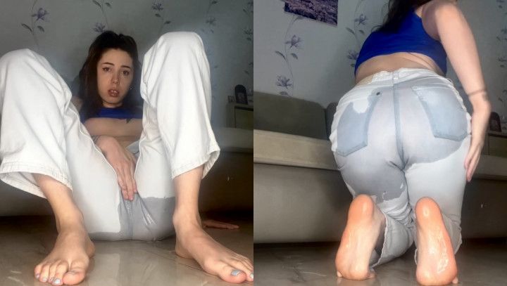 Lots of pee  blue jeans and on bare feet