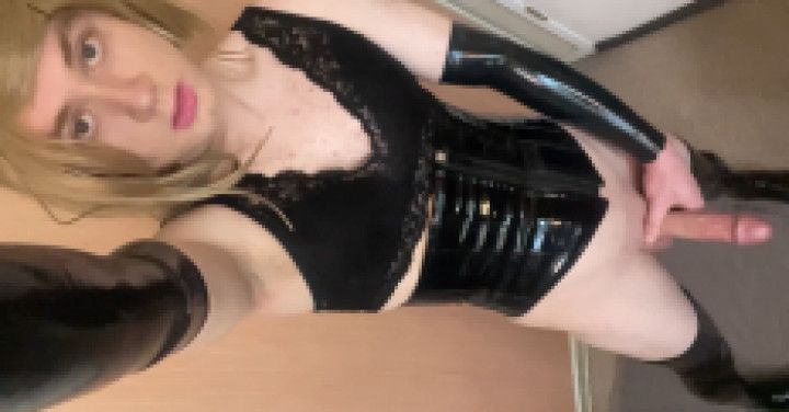 Huge cum shot stroking my girl dick in latex