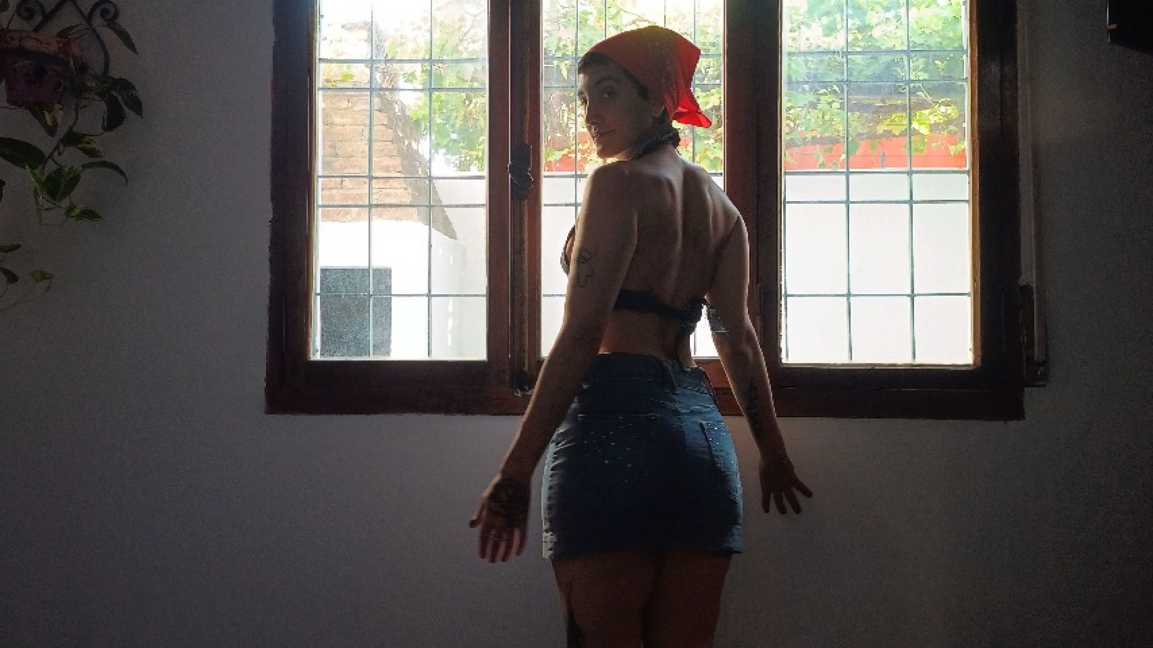 trying on denim skirts