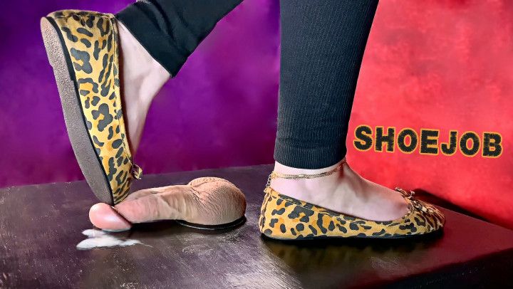 Precum Oozing Shoejob In Leopard Flats