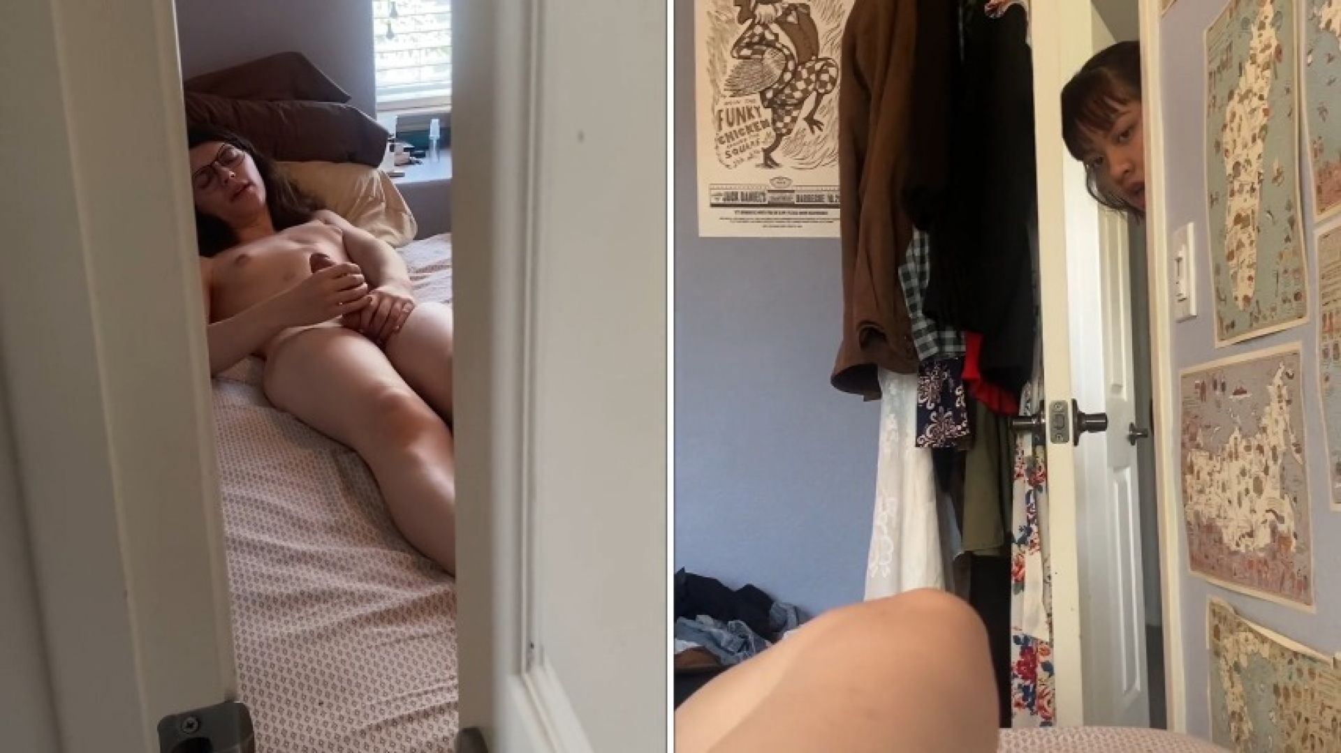 Lesbian Peeping Tom Caught Masturbating and Fucked by Tgirl