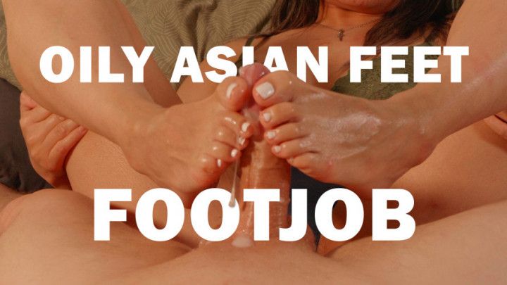 Oily Asian Feet Footjob with White Toenails
