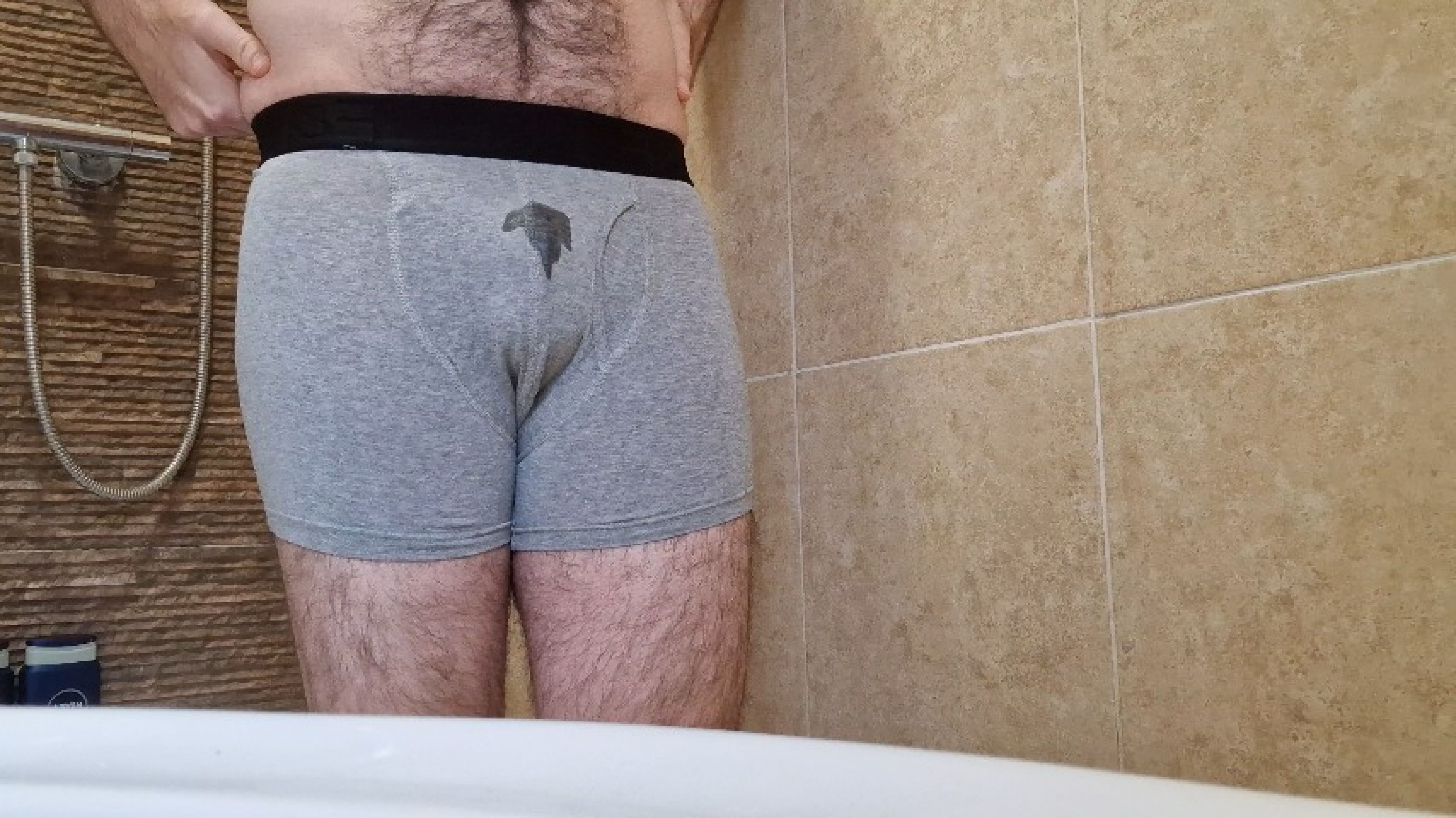 Grey boxer wetting and self pee