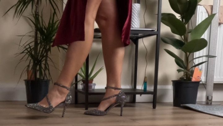 Try on shiny high heels