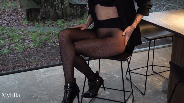 Amazing footjob in seamless polkadot pantyhose