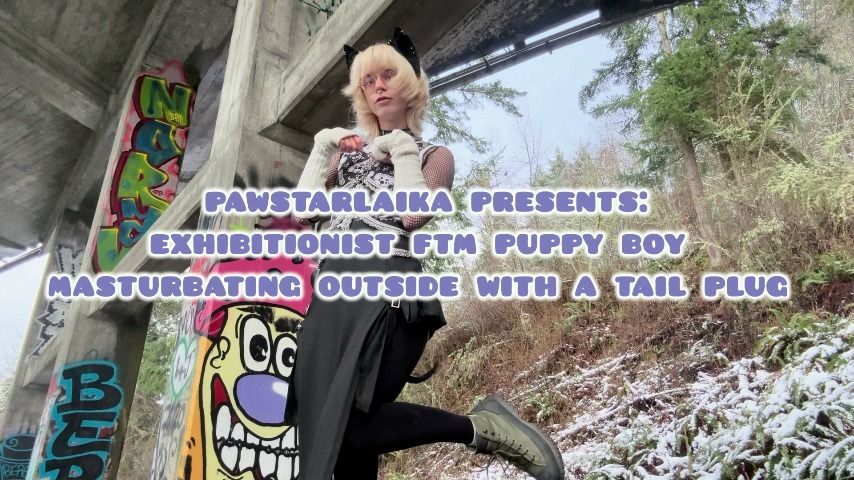 exhibitionist FTM wolf boy masturbating outside + tail plug