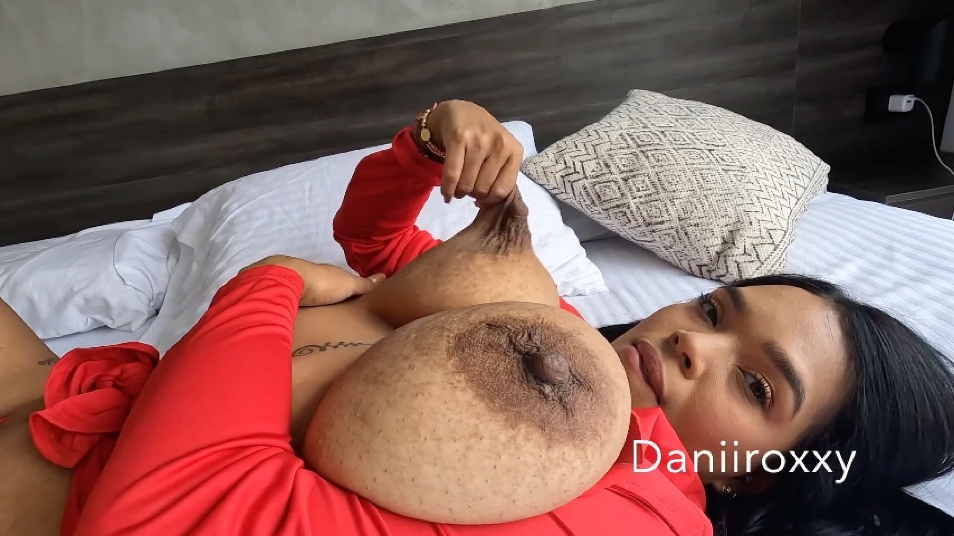 Intense big areola stretched &amp; pinched