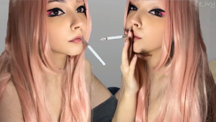 Pink Hair Egirl smoking with her step-dad before sex
