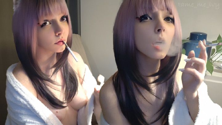Small titties gamer in bathrobe smoking