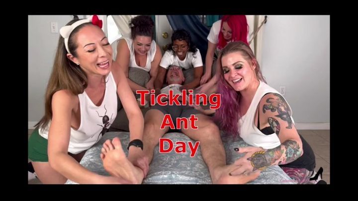 Tickling Ant Day - Six Women Tickling Bound Man MOBILE