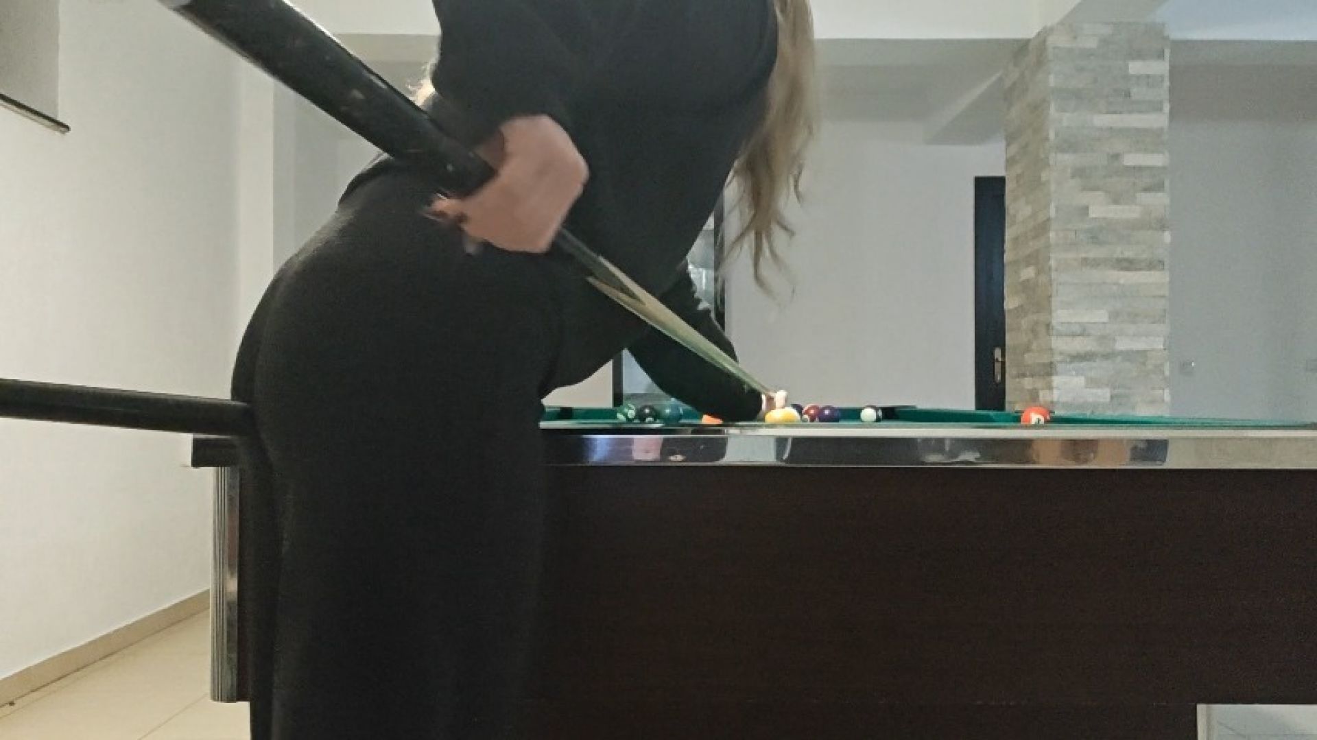 playing pool with gonzo while elly watch