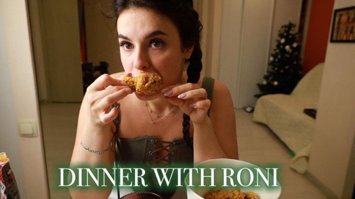 Daddy's girl in a corset is having chicken dinner