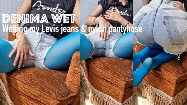 Wetting my Levis shorts & blue nylon pantyhose in a chair