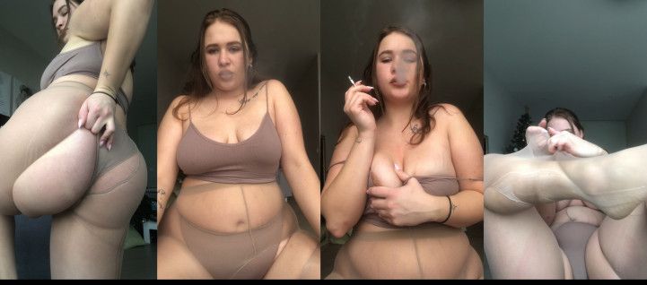 Smoking Bbw  rips her tights