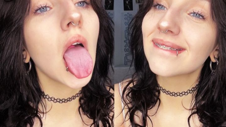 licking lips and showing off braces