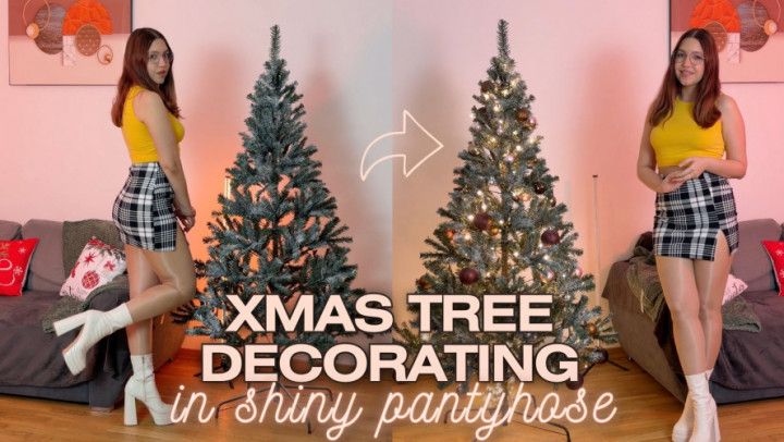 SFW Christmas Tree Decorating In Shiny Sheer Pantyhose