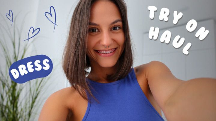 4K]  Try-On Haul - Tight Blue Dress with Carrie