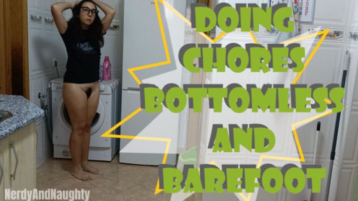 Bottomless barefoot doing chores at home