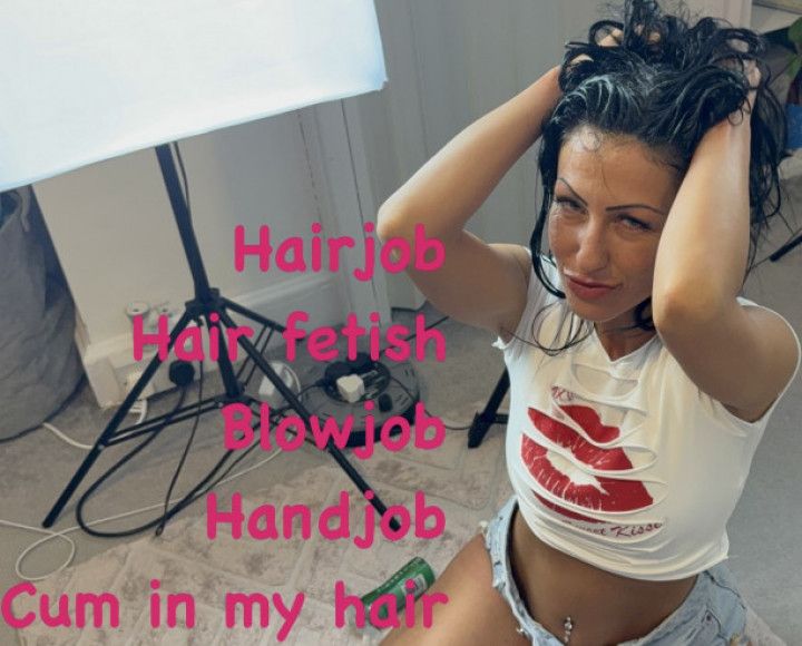 Jerking off r cock with my hair hair blowjob hair fetish