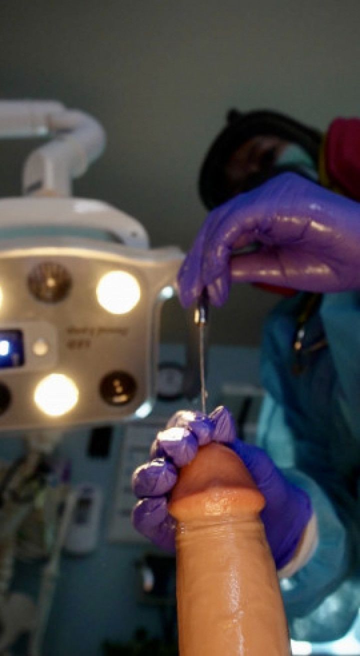 POV Gas Mask Nurse Sounds and collects sperm sample
