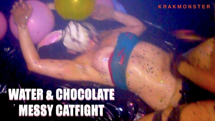MESSY CATFIGHT Water n Chocolate BIG BOOB nip slip