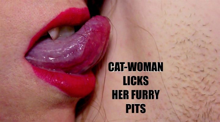 CATWOMAN LICKS HER STUBBLY PITS hairy armpits close up