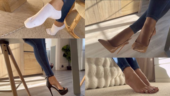 Teasing socks, heels and barefoot in jeans