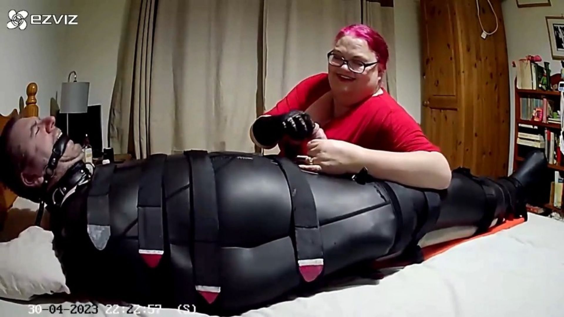 Miss M has fun edging and polishing her sub as he is strappe