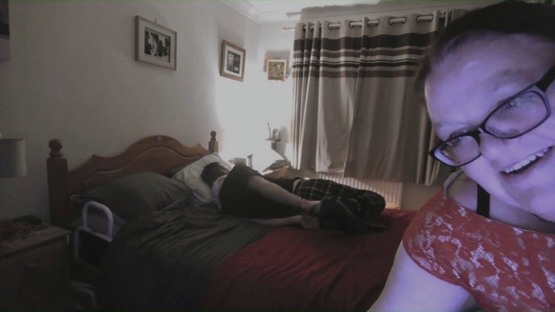 Miss M handjob torment on self cuffed man