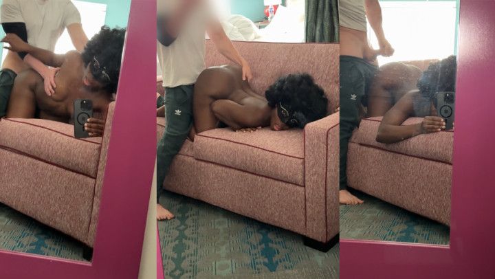 EbonyButts films while getting fucked interracial doggy