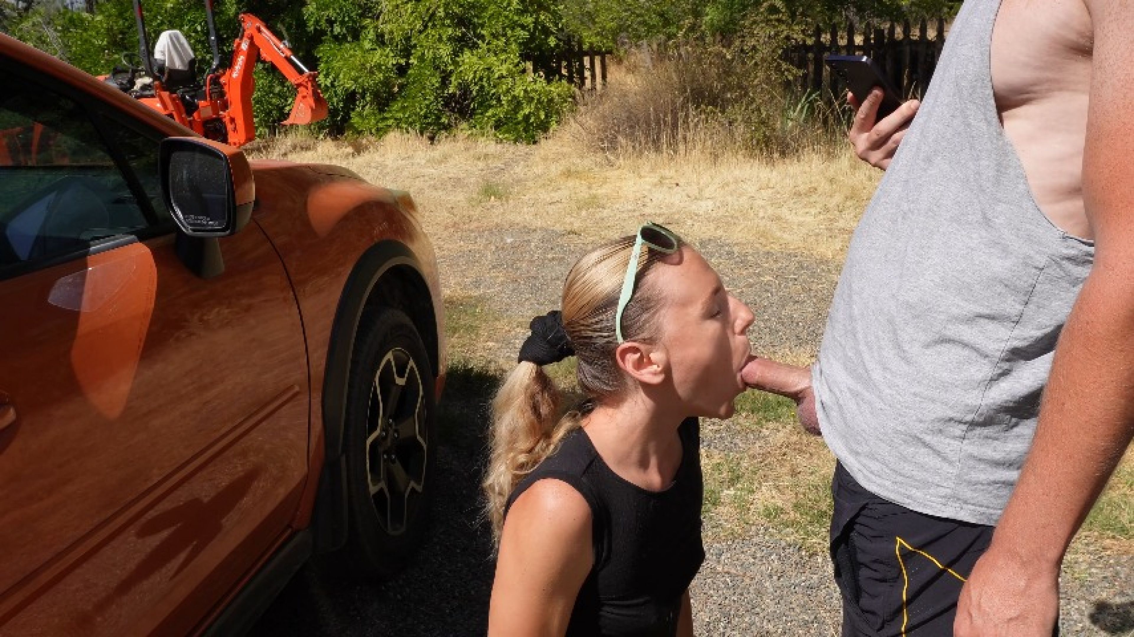 Fit Blonde Gets Facial After Car Blowjob