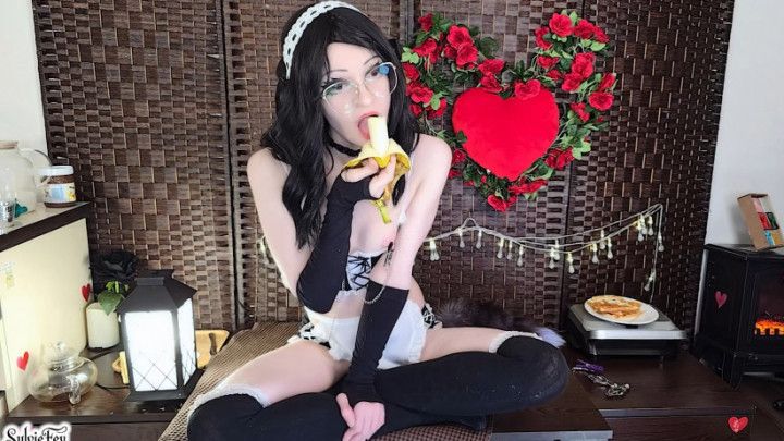 Maid Girl with Clamps Sucks Bananas