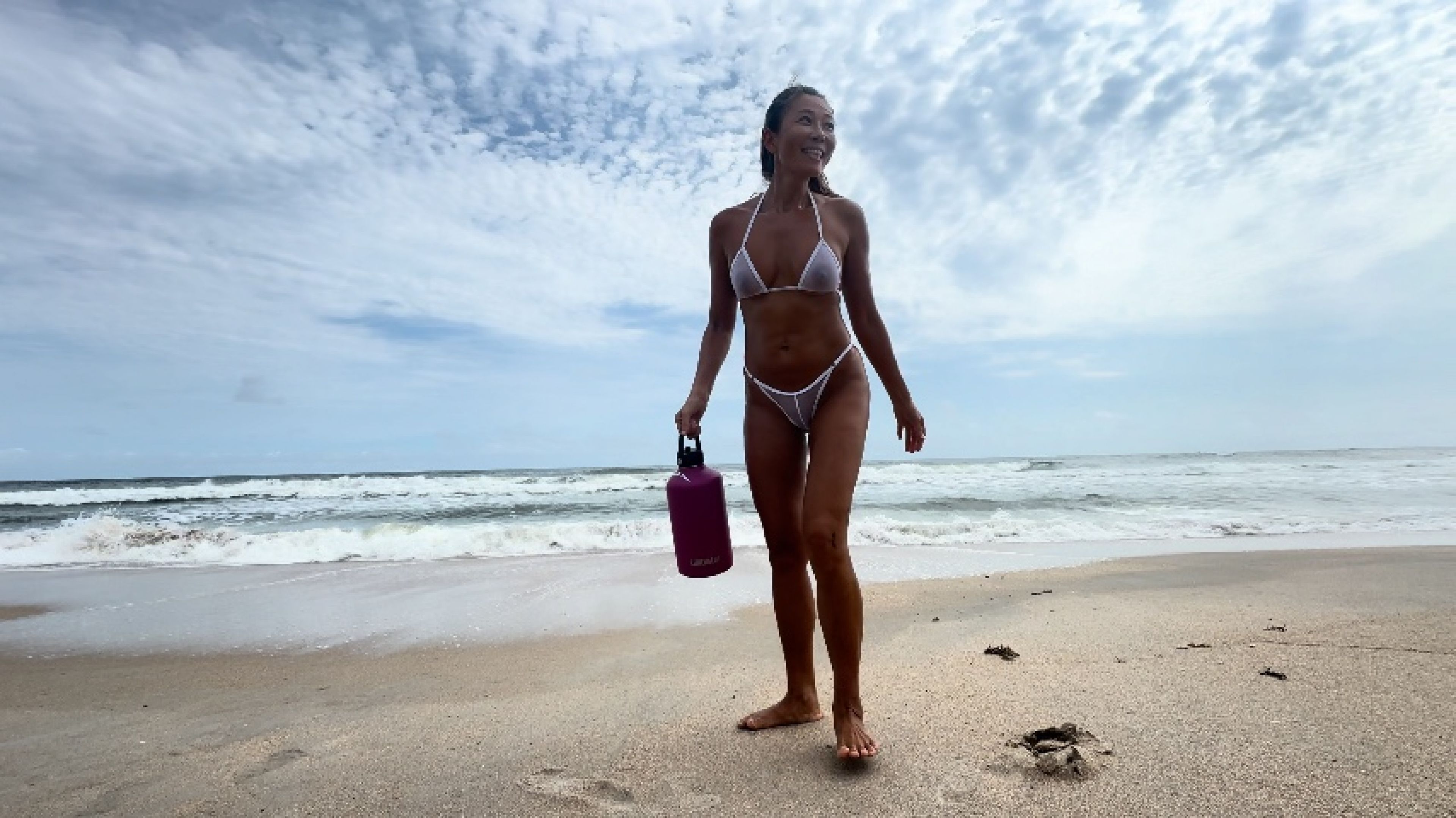 340 Asian MILF creampied nude beach transparent bikini