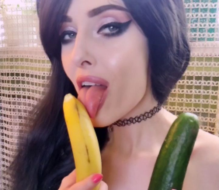 Naughty blowjob with cucumber and banana