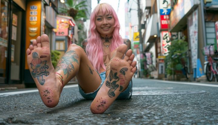 30 Pink Hair Asian Girls Show Feet In AI Tokyo Japan Streets