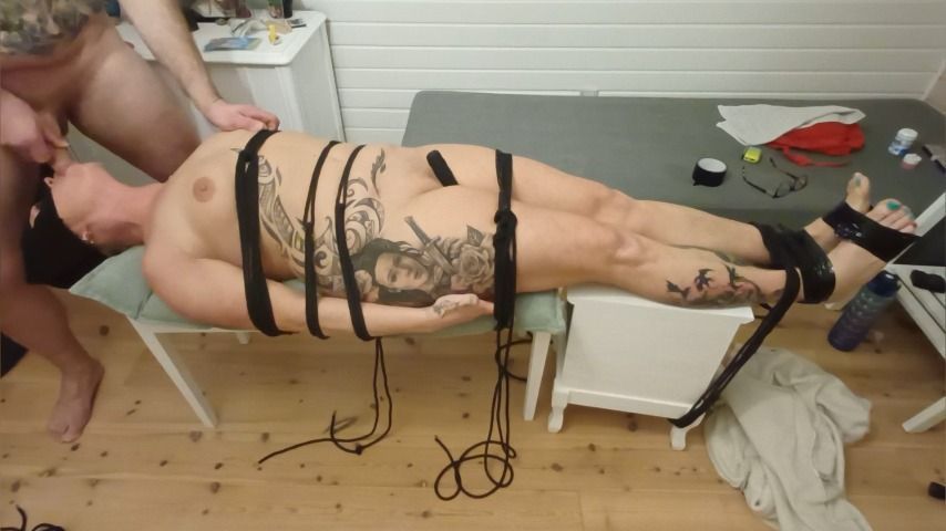 Tied to bench getting mouth and feet fucked