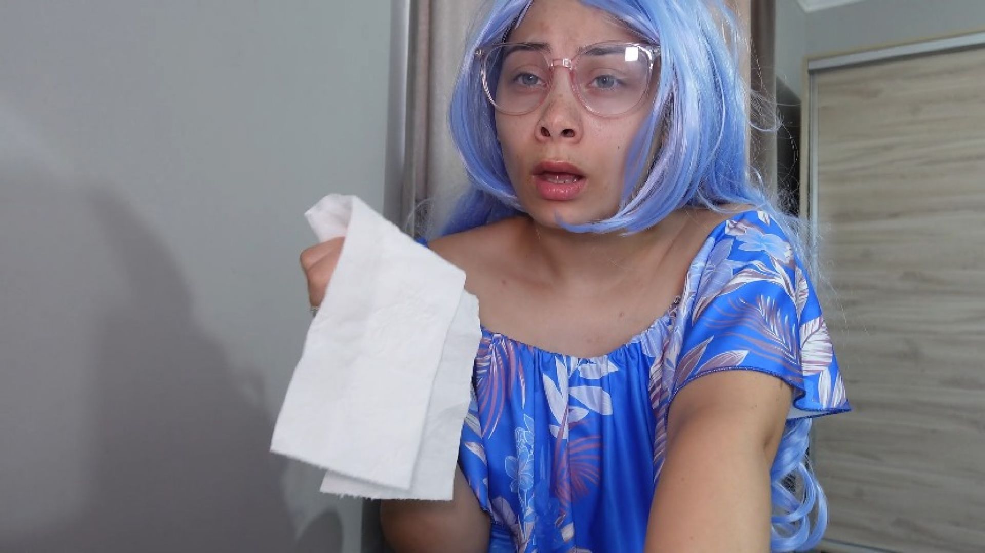 I play with my nose and blow my nose in a cosplay costume