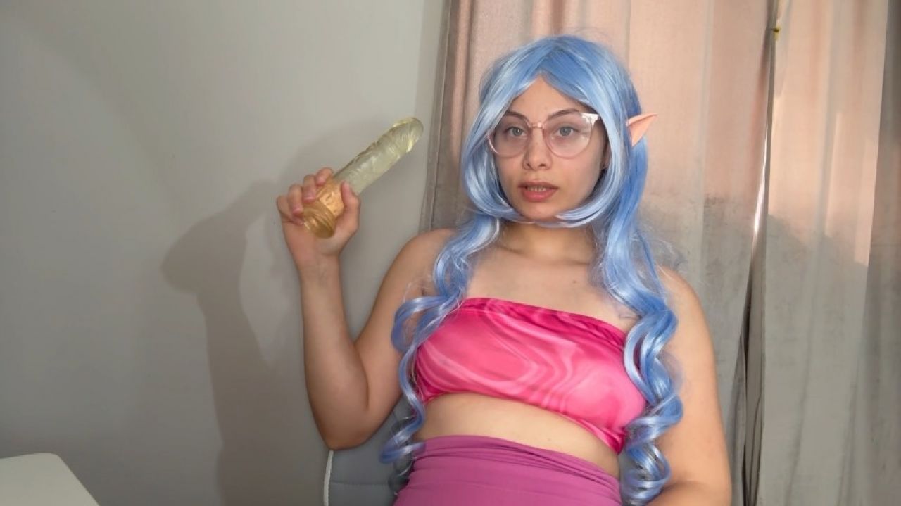 Elf girl in cosplay costume hiccuping and masturbating