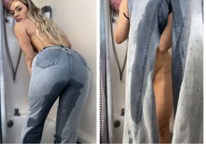 Topless jeans wetting without panties