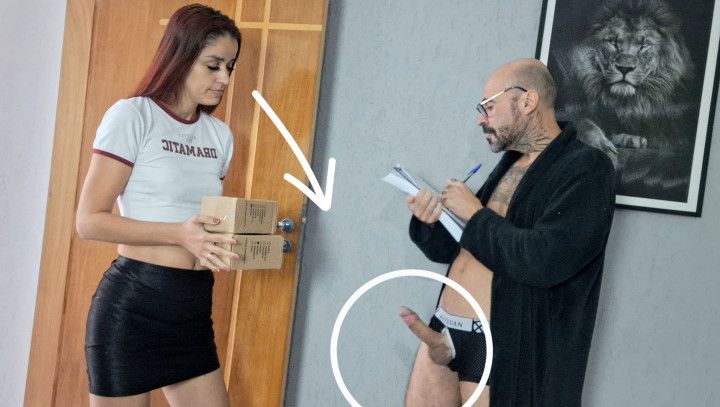 Perverted old man gets delivery girl with his dick out